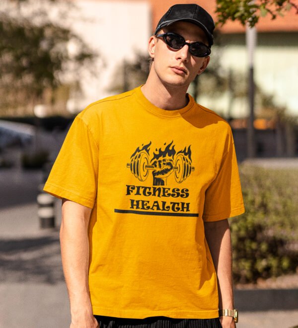 Fitness Health, Fist In Fire Yellow Round Neck Cotton Half Sleeved Men's T-Shirt with Printed Graphics - Image 2