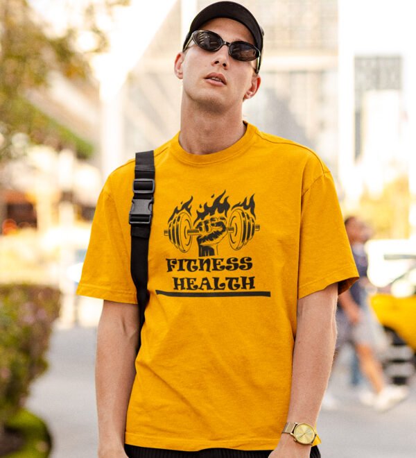 Fitness Health, Fist In Fire Yellow Round Neck Cotton Half Sleeved Men's T-Shirt with Printed Graphics - Image 3