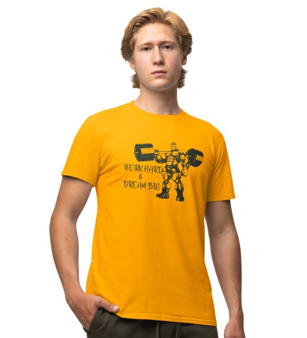 Work Hard & Dream Big Yellow Round Neck Cotton Half Sleeved Men's T-Shirt with Printed Graphics