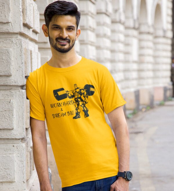 Work Hard & Dream Big Yellow Round Neck Cotton Half Sleeved Men's T-Shirt with Printed Graphics - Image 2