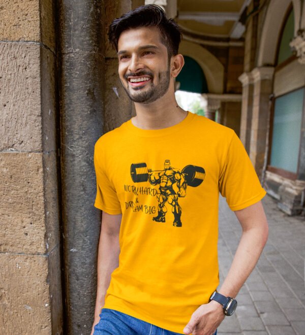 Work Hard & Dream Big Yellow Round Neck Cotton Half Sleeved Men's T-Shirt with Printed Graphics - Image 3