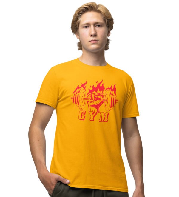 Gym Yellow Round Neck Cotton Half Sleeved Men's T-Shirt with Printed Graphics