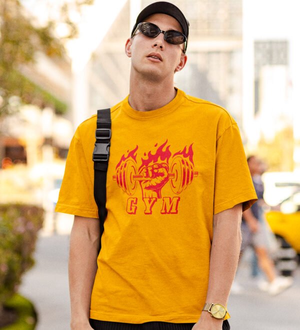 Gym Yellow Round Neck Cotton Half Sleeved Men's T-Shirt with Printed Graphics - Image 3