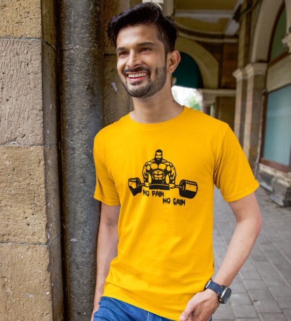 Exercising Bodybuilder Yellow Round Neck Cotton Half Sleeved Men's T-Shirt with Printed Graphics - Image 2