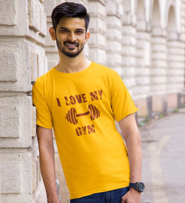 I Love My Gym Yellow Round Neck Cotton Half Sleeved Men's T-Shirt with Printed Graphics - Image 2