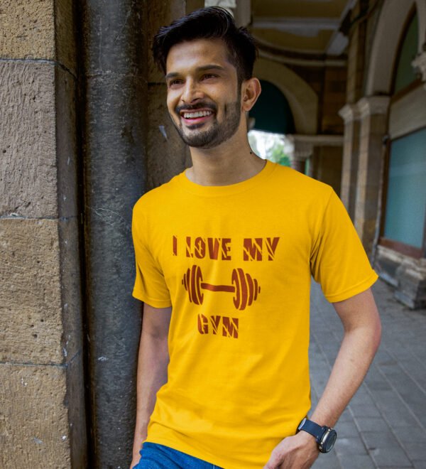 I Love My Gym Yellow Round Neck Cotton Half Sleeved Men's T-Shirt with Printed Graphics - Image 3