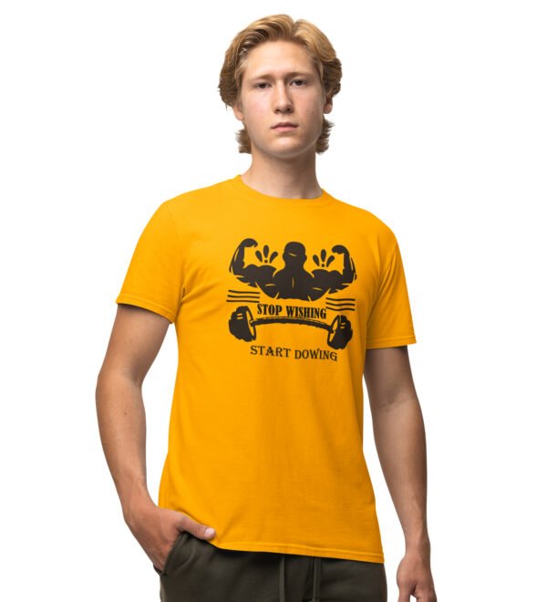 Stop Wishing Yellow Round Neck Cotton Half Sleeved Men's T-Shirt with Printed Graphics