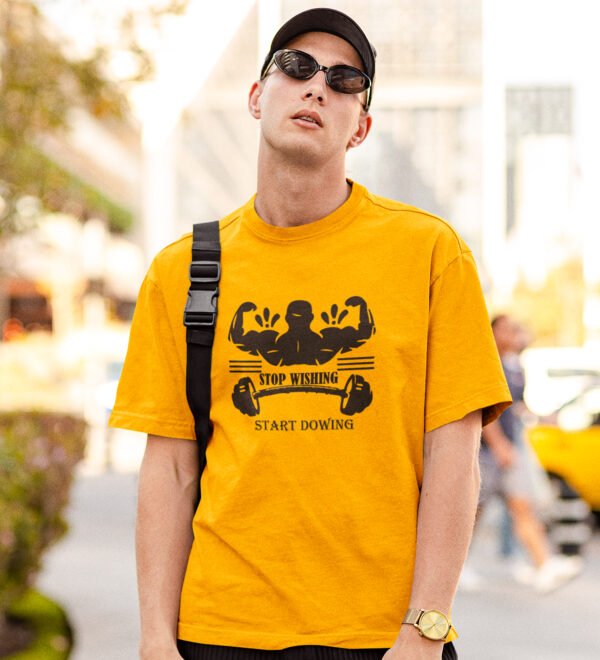 Stop Wishing Yellow Round Neck Cotton Half Sleeved Men's T-Shirt with Printed Graphics - Image 2