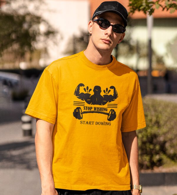 Stop Wishing Yellow Round Neck Cotton Half Sleeved Men's T-Shirt with Printed Graphics - Image 3