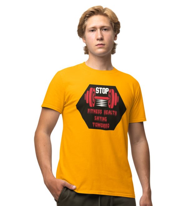 Fitness Health Saying Tomorrow Yellow Round Neck Cotton Half Sleeved Men's T-Shirt with Printed Graphics