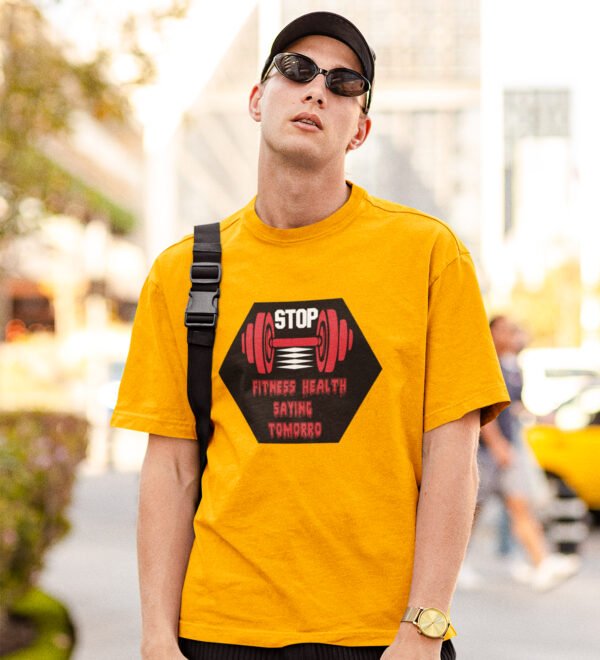 Fitness Health Saying Tomorrow Yellow Round Neck Cotton Half Sleeved Men's T-Shirt with Printed Graphics - Image 2