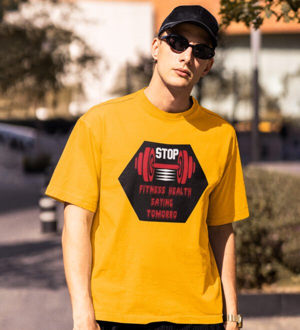 Fitness Health Saying Tomorrow Yellow Round Neck Cotton Half Sleeved Men's T-Shirt with Printed Graphics - Image 3