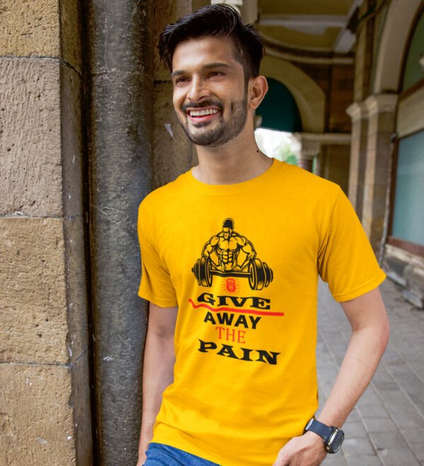 Give Away The Pain Yellow Round Neck Cotton Half Sleeved Men's T-Shirt with Printed Graphics - Image 2