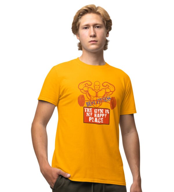 Gym Is My Happy Place Yellow Round Neck Cotton Half Sleeved Men's T-Shirt with Printed Graphics