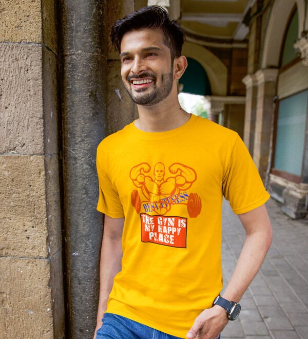 Gym Is My Happy Place Yellow Round Neck Cotton Half Sleeved Men's T-Shirt with Printed Graphics - Image 2