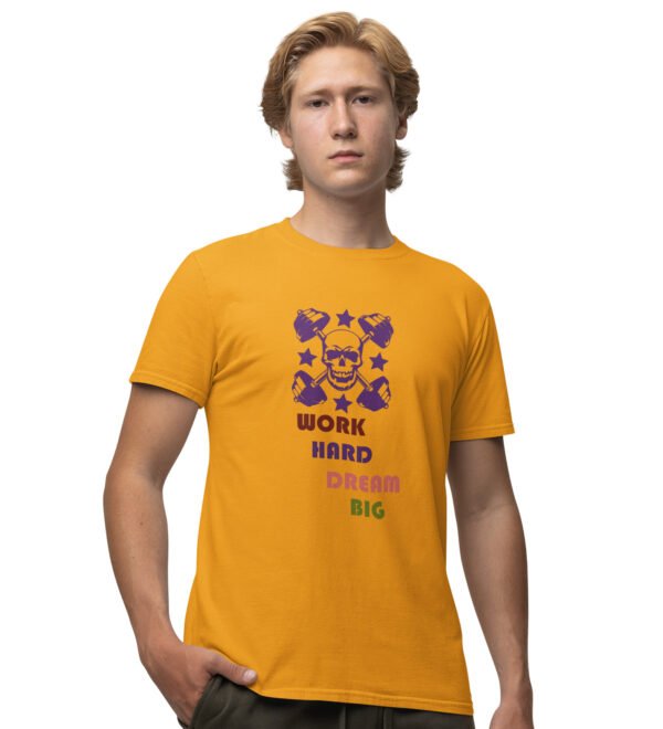Work Hard, Dream Big Yellow Round Neck Cotton Half Sleeved Men's T-Shirt with Printed Graphics