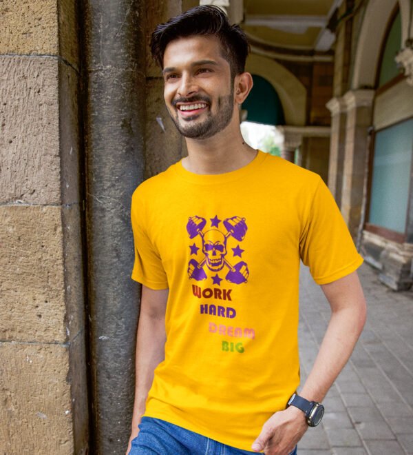 Work Hard, Dream Big Yellow Round Neck Cotton Half Sleeved Men's T-Shirt with Printed Graphics - Image 2