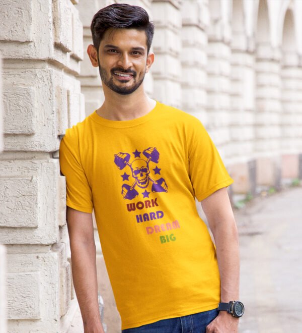 Work Hard, Dream Big Yellow Round Neck Cotton Half Sleeved Men's T-Shirt with Printed Graphics - Image 3