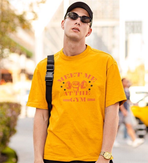 Meet Me At The Gym, (BG Orange) Yellow Round Neck Cotton Half Sleeved Men's T-Shirt with Printed Graphics - Image 2