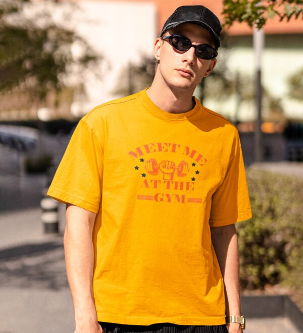 Meet Me At The Gym, (BG Orange) Yellow Round Neck Cotton Half Sleeved Men's T-Shirt with Printed Graphics - Image 3