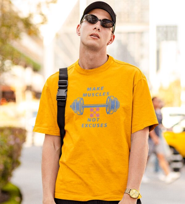 Make Muscles Yellow Round Neck Cotton Half Sleeved Men's T-Shirt with Printed Graphics - Image 2