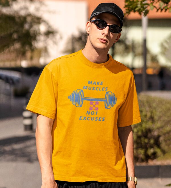 Make Muscles Yellow Round Neck Cotton Half Sleeved Men's T-Shirt with Printed Graphics - Image 3