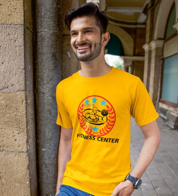 Fitness Center, Red Leaves Round Neck Gym Tshirt (Yellow Tshirt) Yellow Round Neck Cotton Half Sleeved Men's T-Shirt with Printed Graphics - Image 2