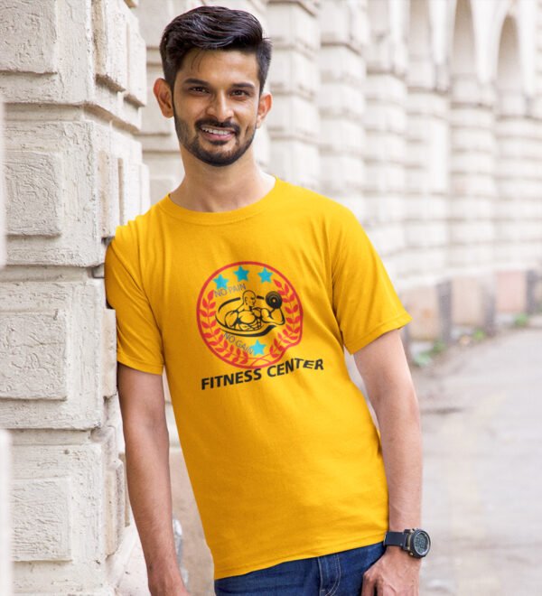 Fitness Center, Red Leaves Round Neck Gym Tshirt (Yellow Tshirt) Yellow Round Neck Cotton Half Sleeved Men's T-Shirt with Printed Graphics - Image 3