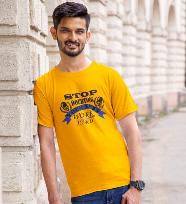 Stop Doubting Yourself Yellow Round Neck Cotton Half Sleeved Men's T-Shirt with Printed Graphics - Image 2