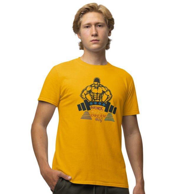 Work Hard, Dream Big, Scattered Colourful Letters Yellow Round Neck Cotton Half Sleeved Men's T-Shirt with Printed Graphics