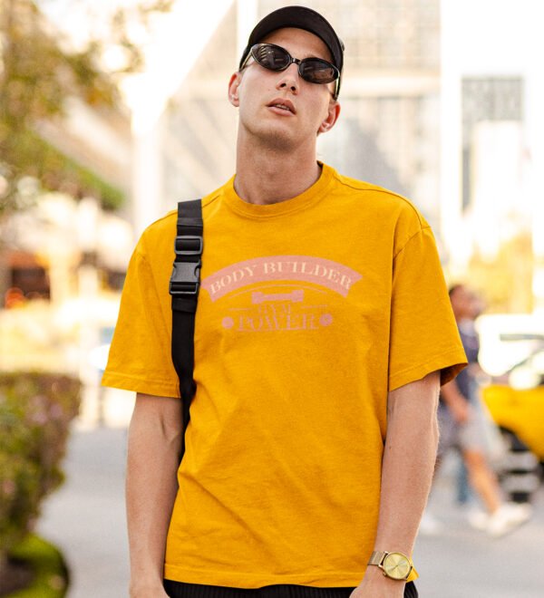 Body Builder, Gym Power Yellow Round Neck Cotton Half Sleeved Men's T-Shirt with Printed Graphics - Image 2