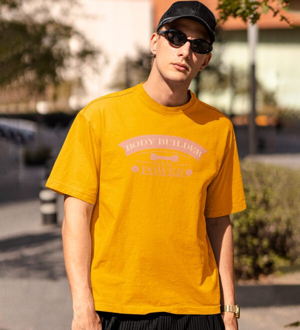 Body Builder, Gym Power Yellow Round Neck Cotton Half Sleeved Men's T-Shirt with Printed Graphics - Image 3