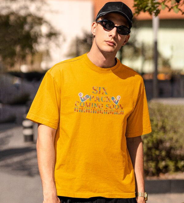 Six Pack Coming Soon Yellow Round Neck Cotton Half Sleeved Men's T-Shirt with Printed Graphics - Image 3