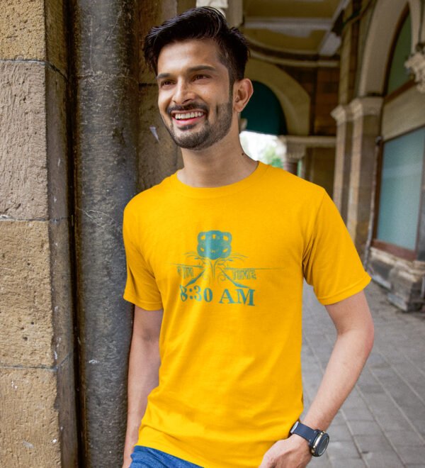8:30:00 AM Yellow Round Neck Cotton Half Sleeved Men's T-Shirt with Printed Graphics - Image 2