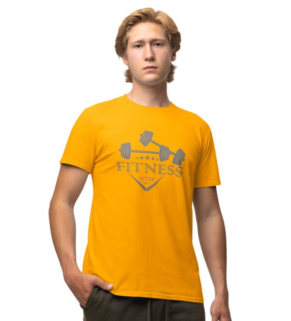 Fitness Gym, 2 Barbells Yellow Round Neck Cotton Half Sleeved Men's T-Shirt with Printed Graphics