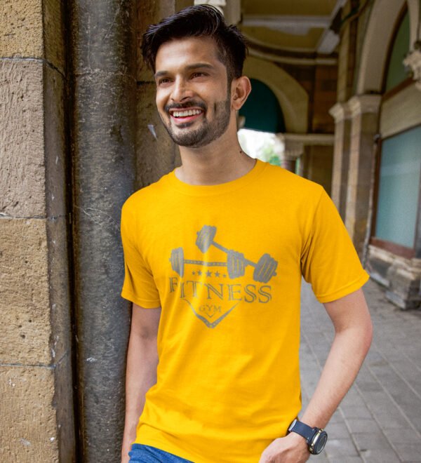 Fitness Gym, 2 Barbells Yellow Round Neck Cotton Half Sleeved Men's T-Shirt with Printed Graphics - Image 2