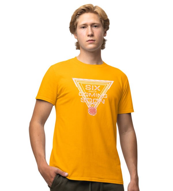 Six Pack Coming Soon Yellow Round Neck Cotton Half Sleeved Men's T-Shirt with Printed Graphics