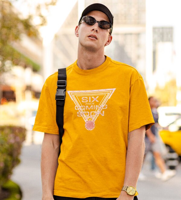 Six Pack Coming Soon Yellow Round Neck Cotton Half Sleeved Men's T-Shirt with Printed Graphics - Image 3
