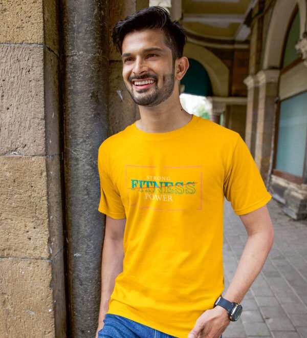Strong Fitness Power Yellow Round Neck Cotton Half Sleeved Men's T-Shirt with Printed Graphics - Image 2