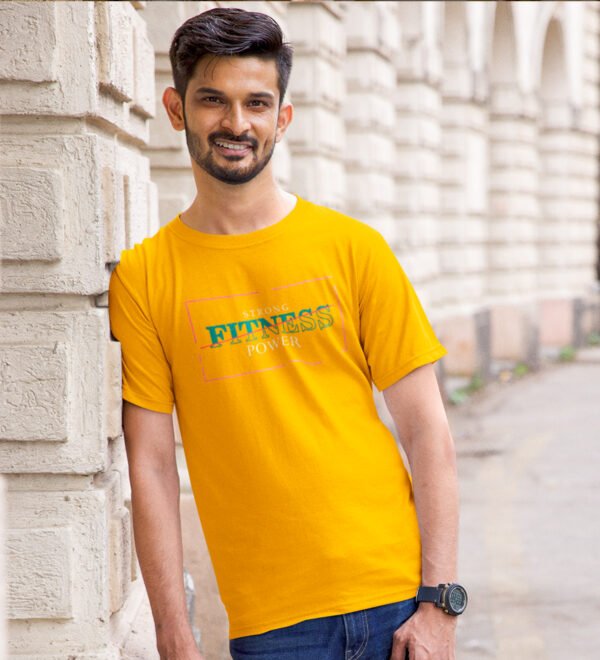 Strong Fitness Power Yellow Round Neck Cotton Half Sleeved Men's T-Shirt with Printed Graphics - Image 3