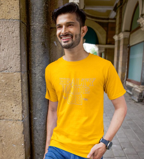Healthy Mode Yellow Round Neck Cotton Half Sleeved Men's T-Shirt with Printed Graphics - Image 2