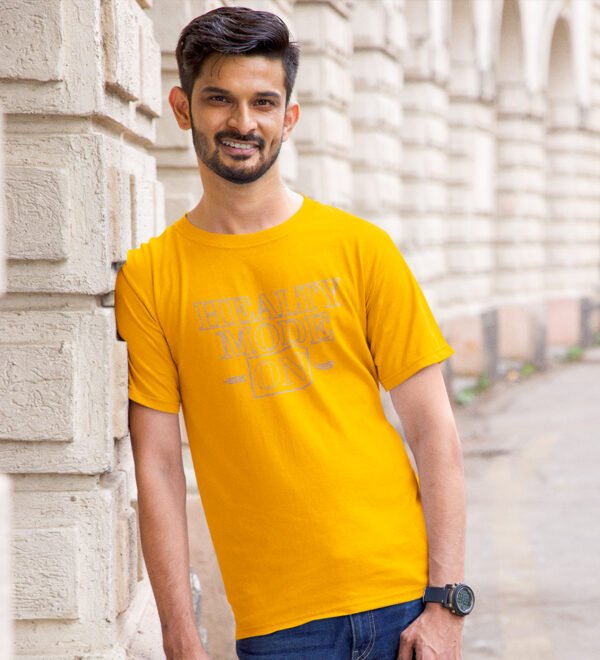 Healthy Mode Yellow Round Neck Cotton Half Sleeved Men's T-Shirt with Printed Graphics - Image 3