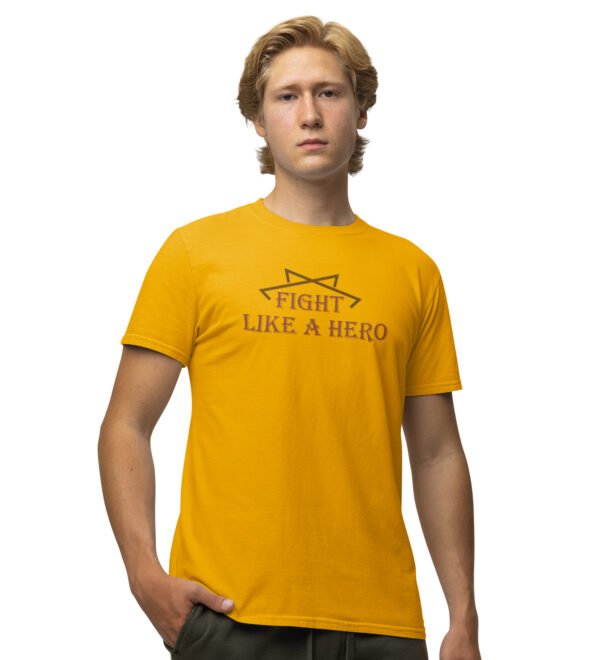 Fight Like a Hero Yellow Round Neck Cotton Half Sleeved Men's T-Shirt with Printed Graphics