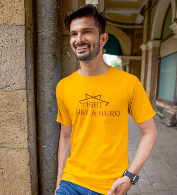Fight Like a Hero Yellow Round Neck Cotton Half Sleeved Men's T-Shirt with Printed Graphics - Image 2