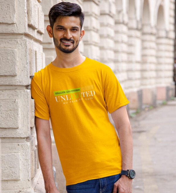 Health and Fitness, Unlimited, No Pain, No Gain, (BG Green and White) Yellow Round Neck Cotton Half Sleeved Men's T-Shirt with Printed Graphics - Image 2