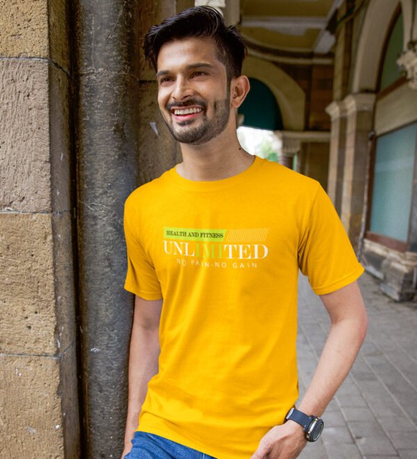 Health and Fitness, Unlimited, No Pain, No Gain, (BG Green and White) Yellow Round Neck Cotton Half Sleeved Men's T-Shirt with Printed Graphics - Image 3