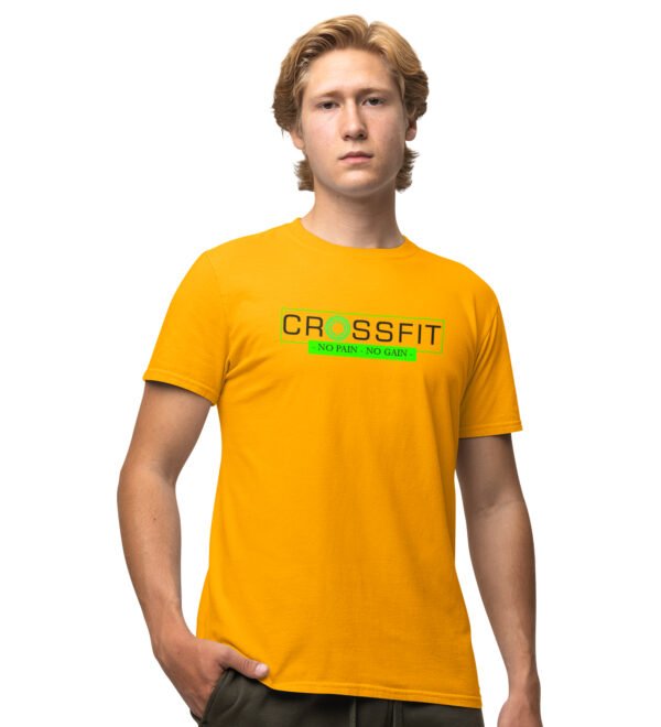 Crossfit, No Pain, No Gain Round Neck Gym Tshirt (Yellow Tshirt) Yellow Round Neck Cotton Half Sleeved Men's T-Shirt with Printed Graphics