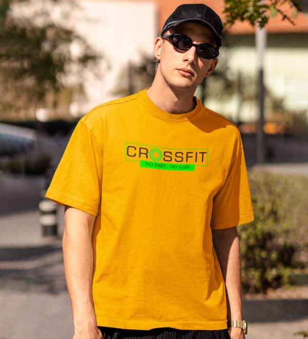 Crossfit, No Pain, No Gain Round Neck Gym Tshirt (Yellow Tshirt) Yellow Round Neck Cotton Half Sleeved Men's T-Shirt with Printed Graphics - Image 2