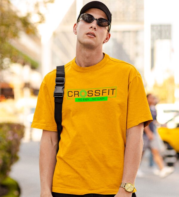 Crossfit, No Pain, No Gain Round Neck Gym Tshirt (Yellow Tshirt) Yellow Round Neck Cotton Half Sleeved Men's T-Shirt with Printed Graphics - Image 3