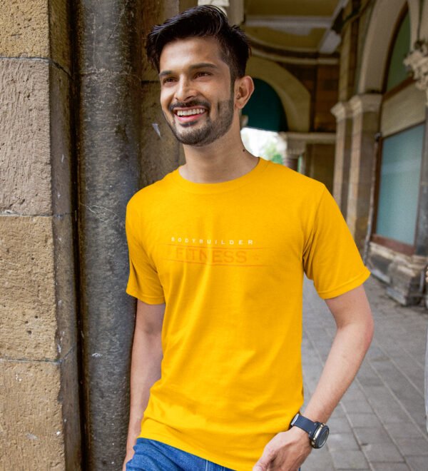 Bodybuilder, Fitness Yellow Round Neck Cotton Half Sleeved Men's T-Shirt with Printed Graphics - Image 3